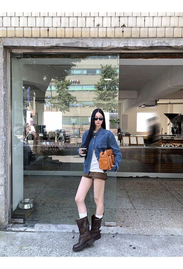 Blue casual gold button denim jacket
