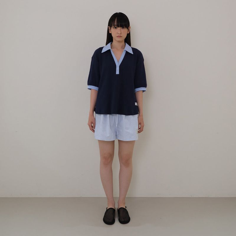 Navy Half Open Collar Tee