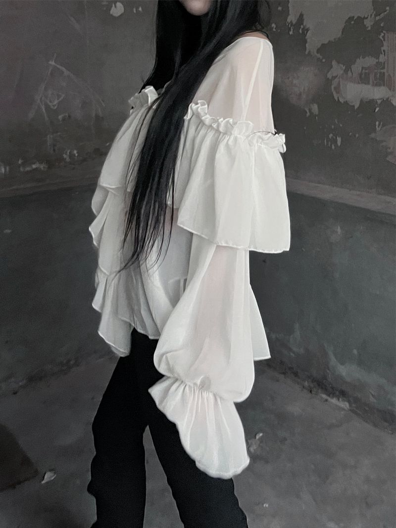 chiffon ruffle v-neck sheer blouse (2color)
