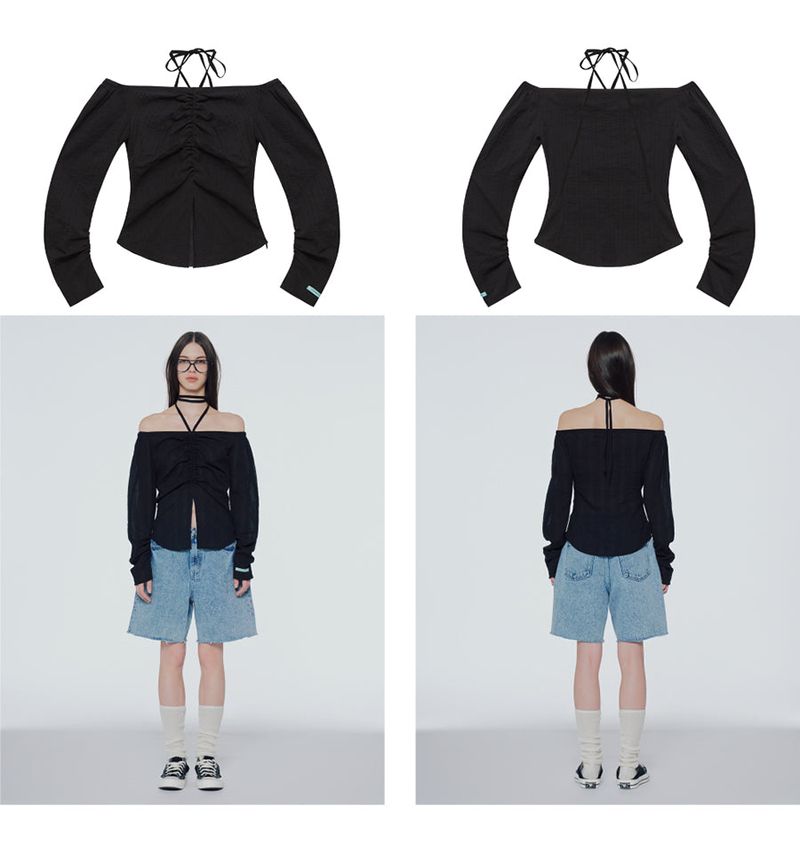 Off-the-shoulder shirred blouse