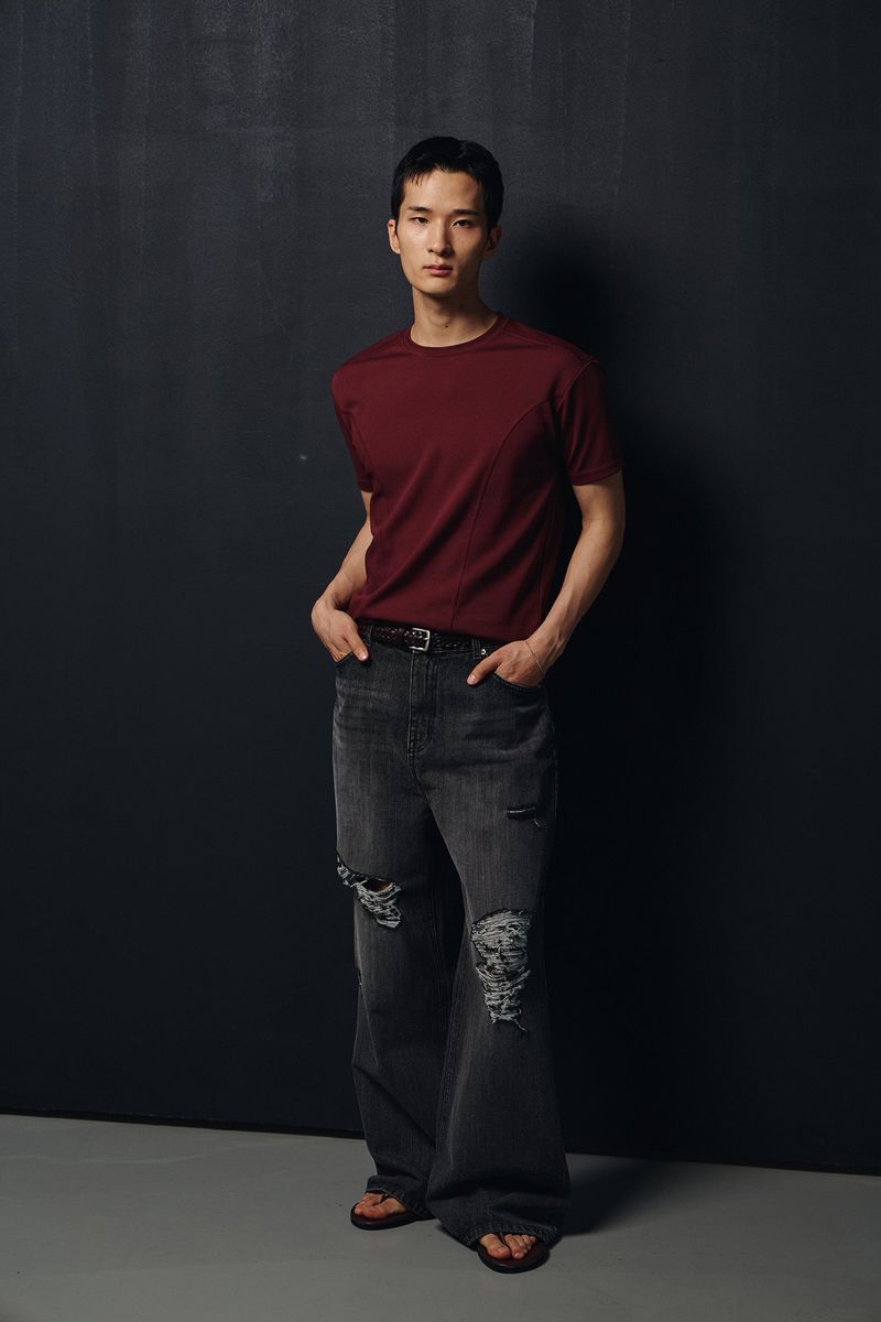 Washed damage wide flare denim pants(Black)