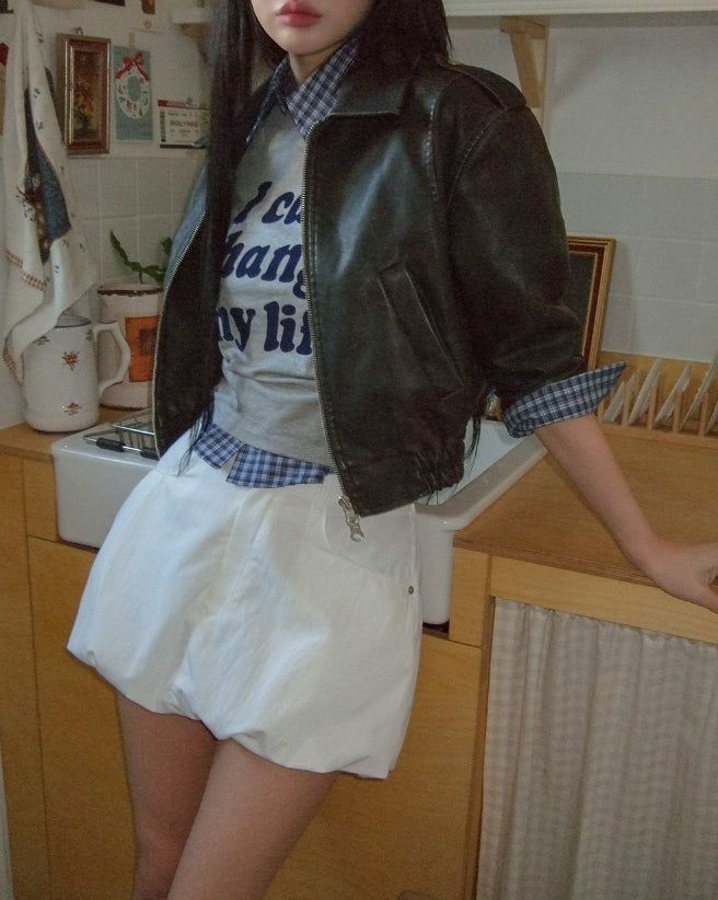 Kender washing two way crop leather jacket