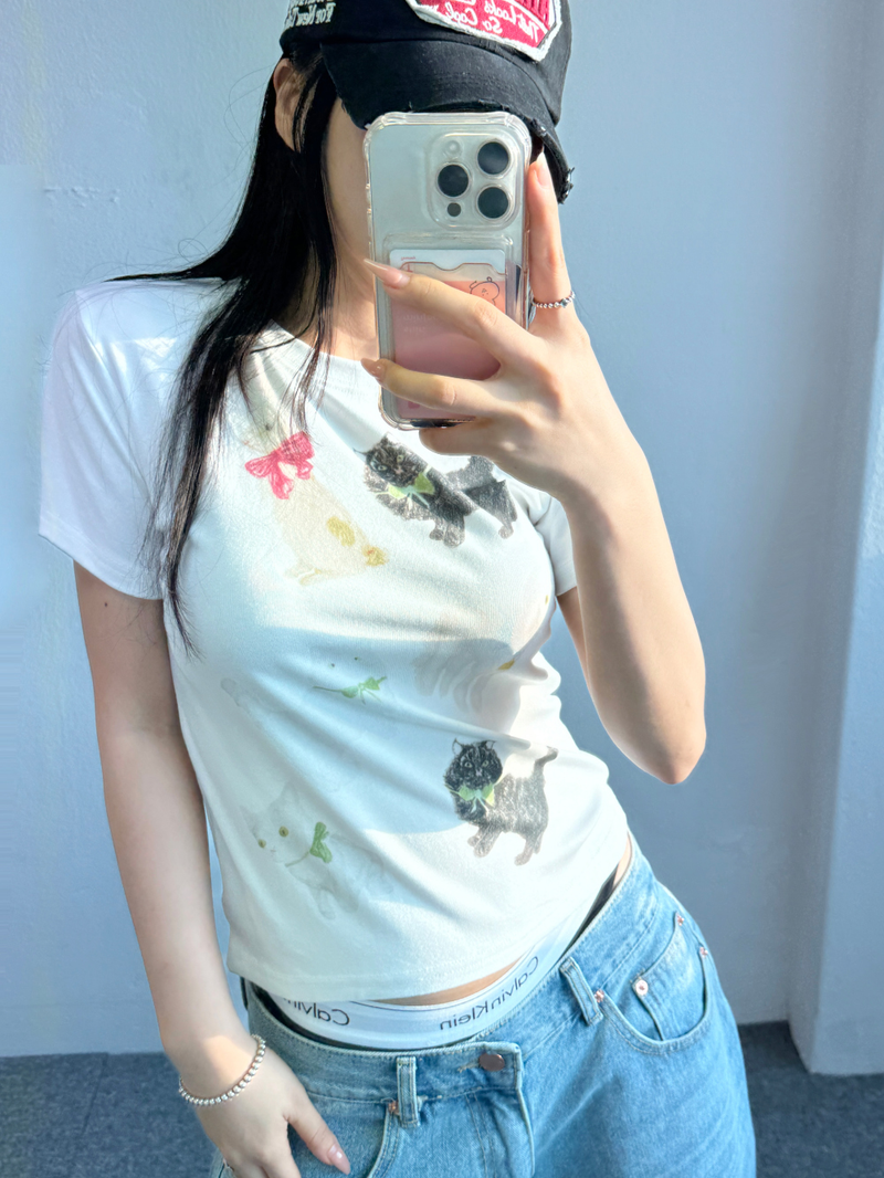 CCORTTI（コルッティ）の「ベイビーキャットバニーリボンTシャツ💞🖤🤍🩷（トップス）」