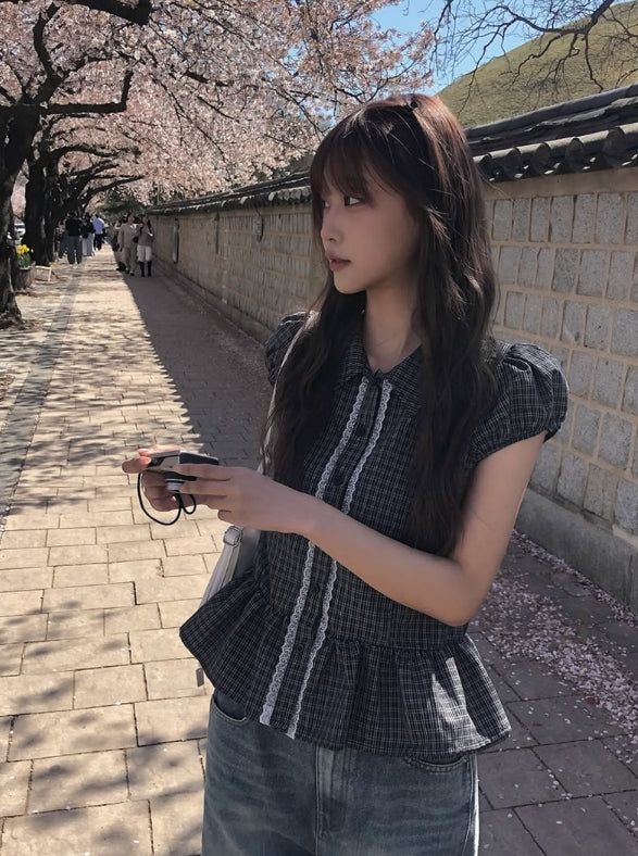 anyonemore（エニーワンモアー）の「Ripen Check Lace Frill Puff Short Sleeve Shirt（Tops）」