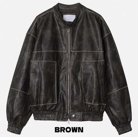 Metel non-collar leather jacket