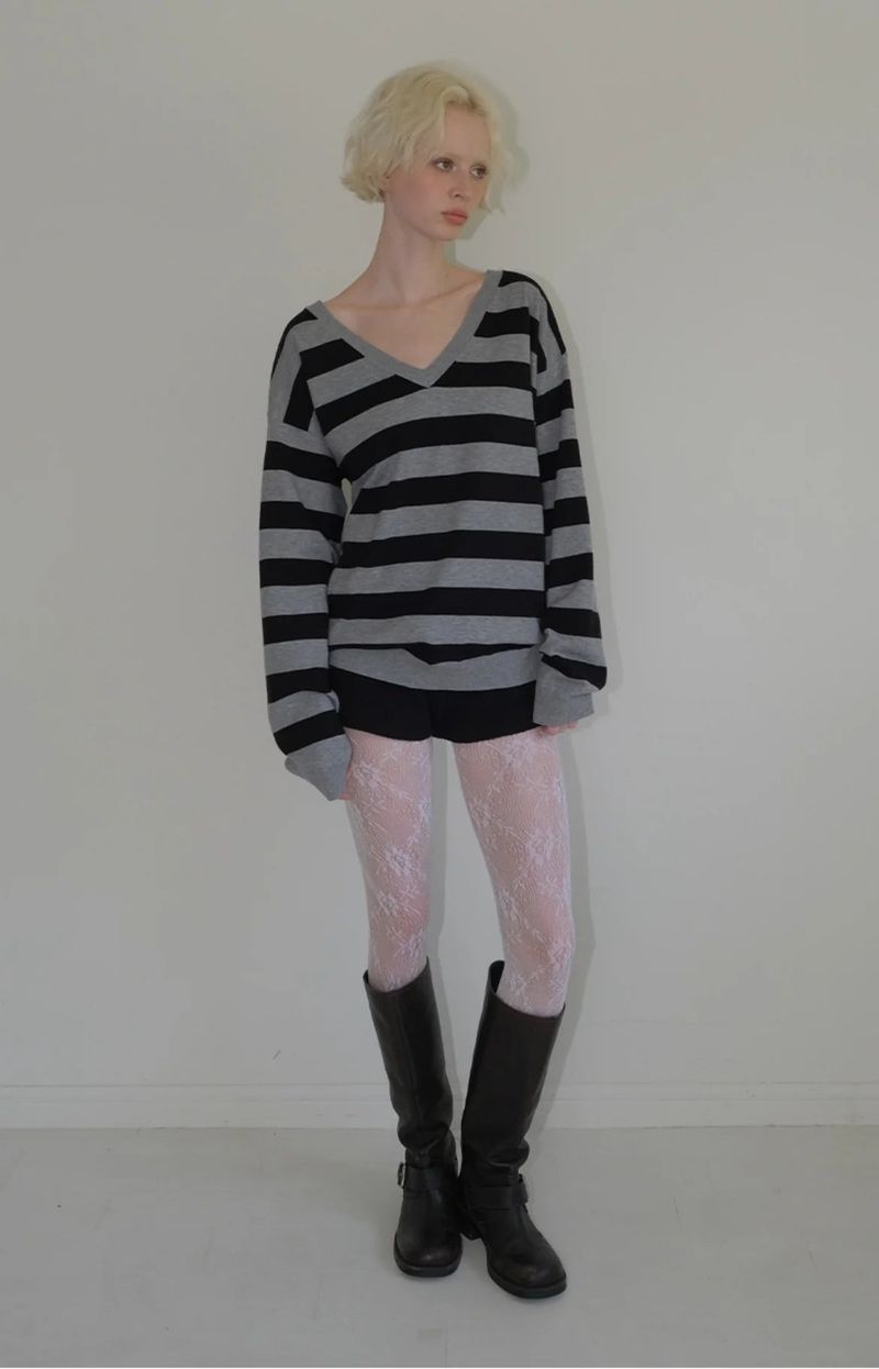C ONE-SHOULDER STRIPED KNIT_BLACK
