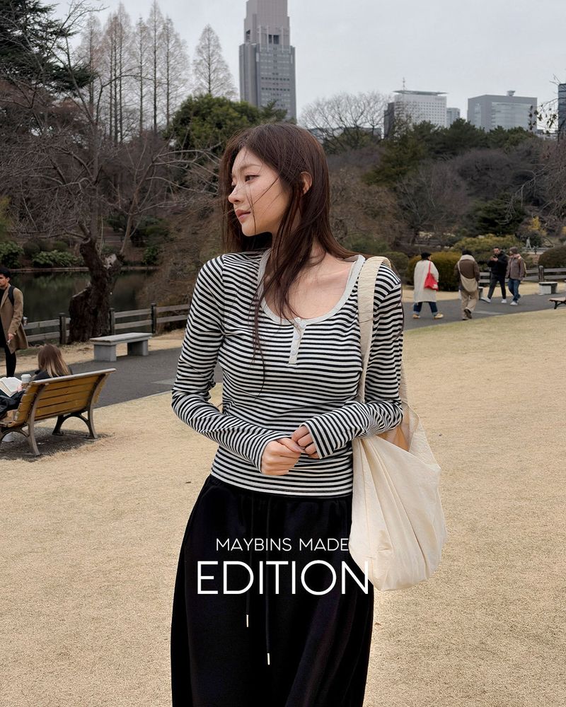 MAYBINS（メイビンス）の「[MADE] Chu stripe henley‑neck T‑shirt（Tops）」