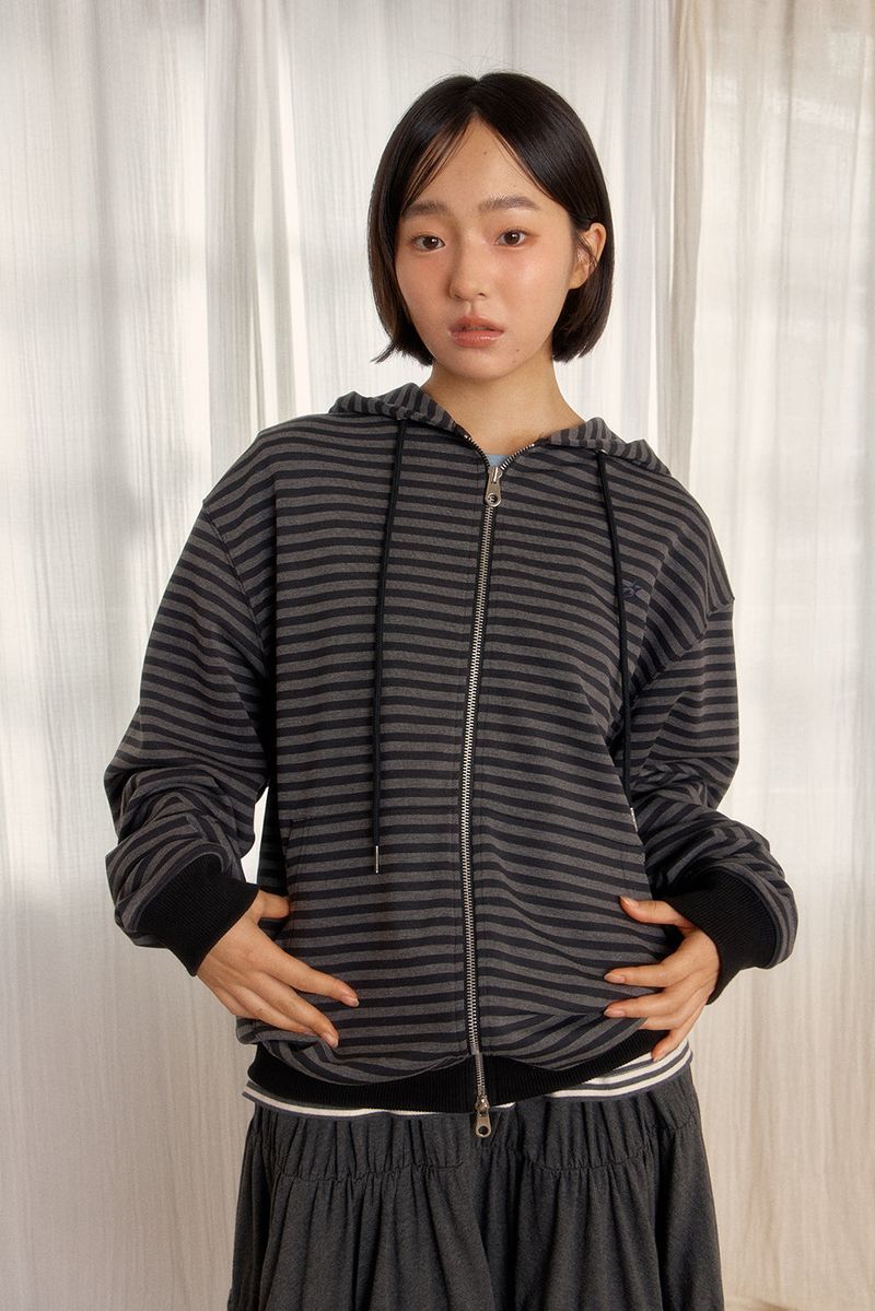 STRIPE HOODED ZIP-UP (BLACK)