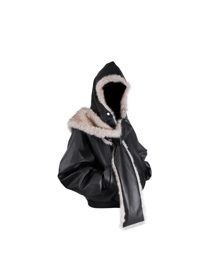 RELABEL（リレーベル）の「RELABEL Spatial Relations (Sun Shadow) Detachable, Adaptable Scarf Hood Full-Wool Pleated Leather MA-1 Pilot Jacket（Jackets/Outerwear）」