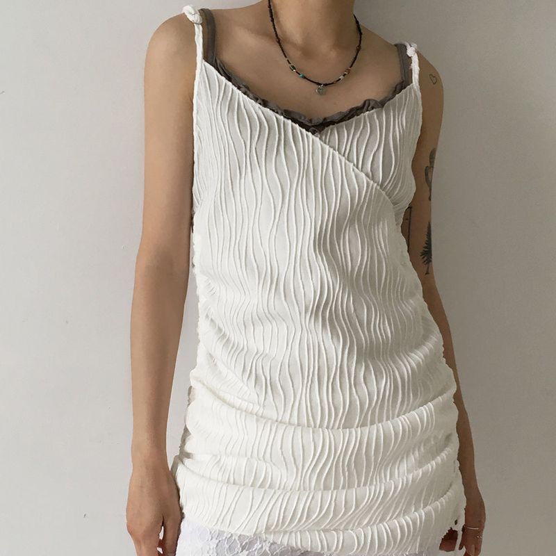 [MADE]  Mark Pleats Wrap Shirring Layered Mini Sleeveless Dress