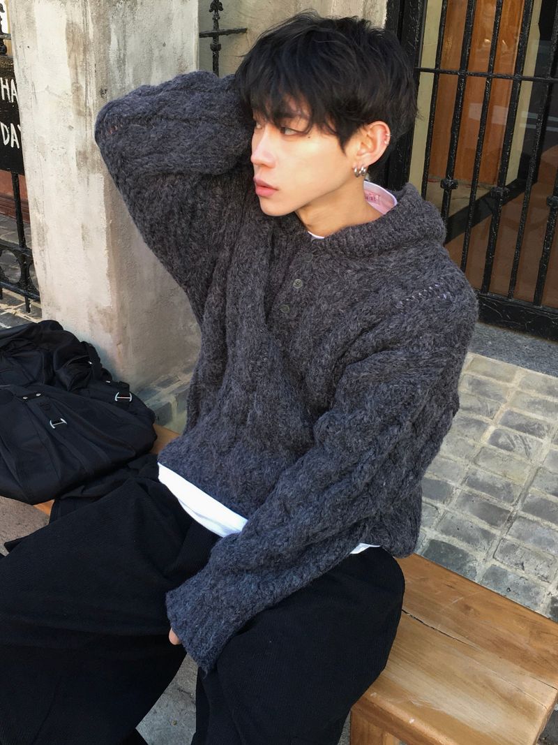 Wit Twisted Henley Neck Hooded Knit 3C