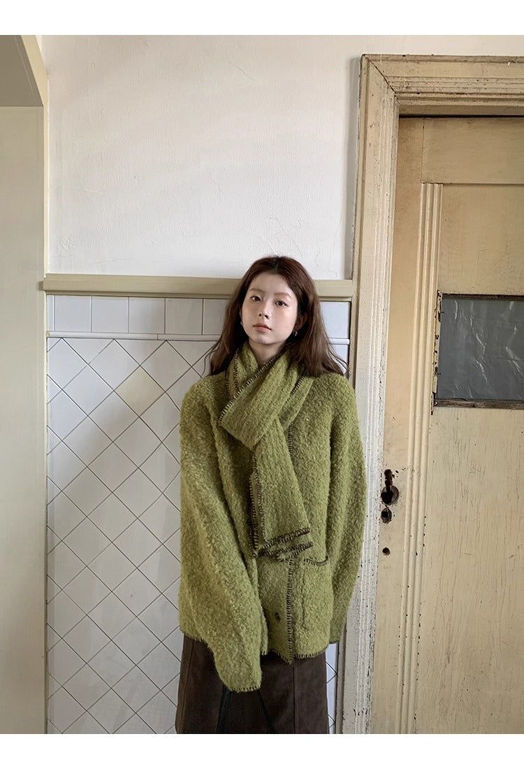 Green tea wool muffler knit cardigan