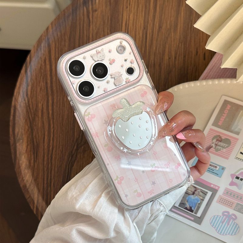 Pink Check Strawberry Mirror Magnetic iPhone Case