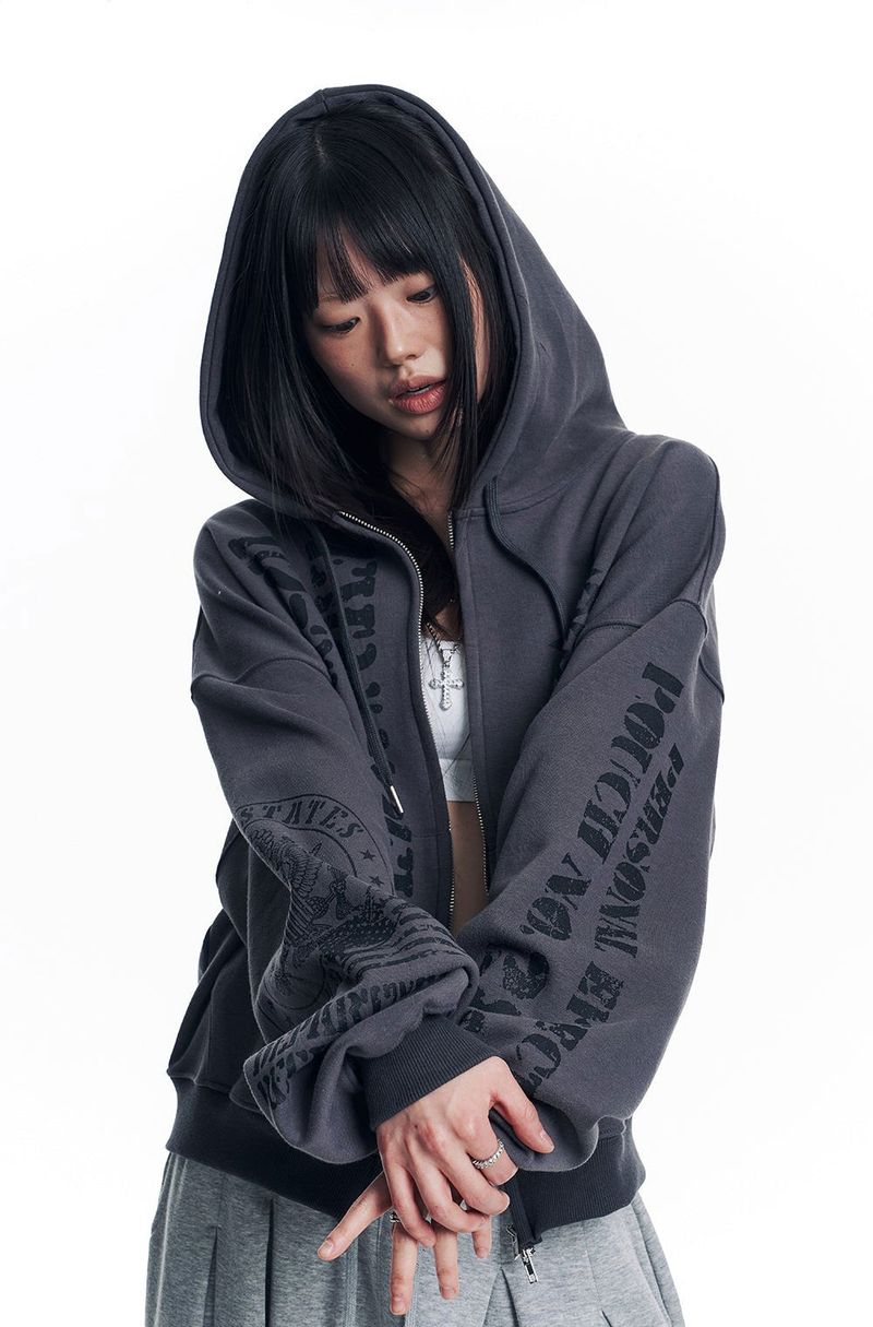 Marine Crack Print Hooded Zip-Up - Charcoal