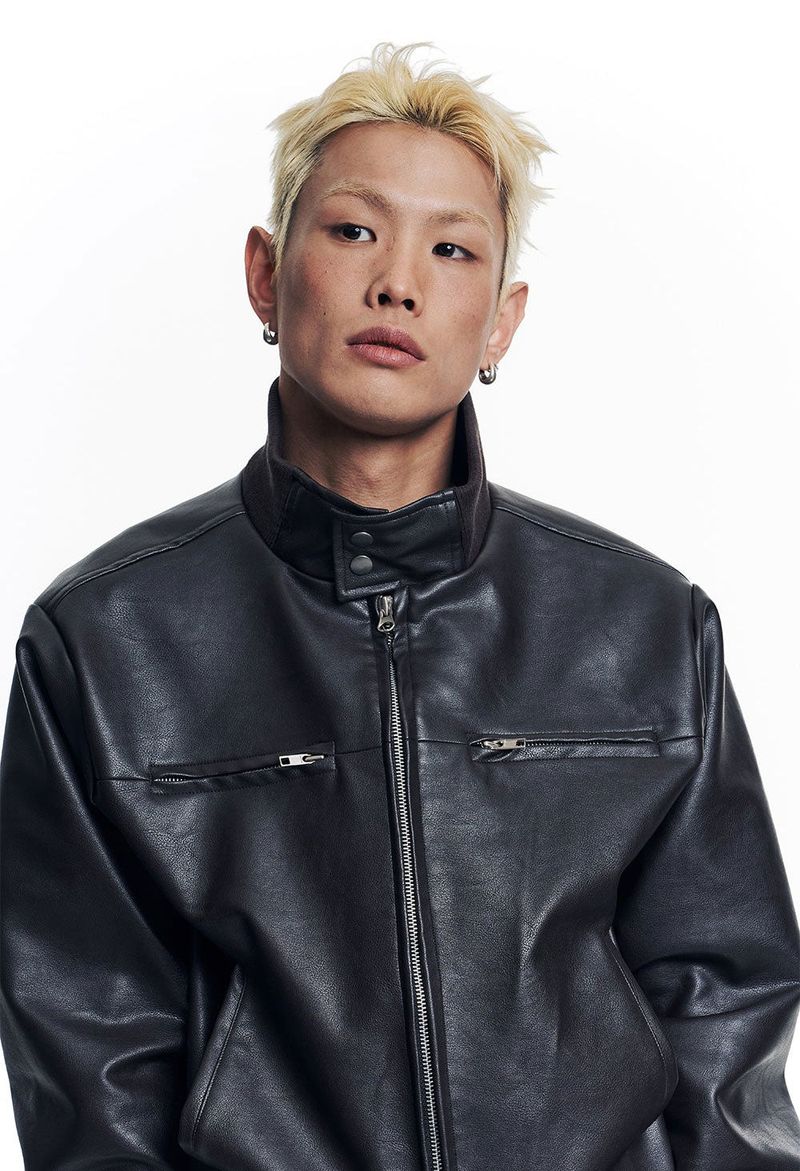 High Neck Leather Crop Jacket - Brown