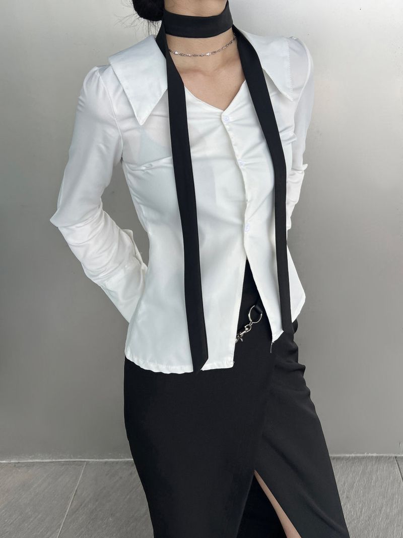 Opening V-neck basic silhouette long sleeve shirt (2 colors)