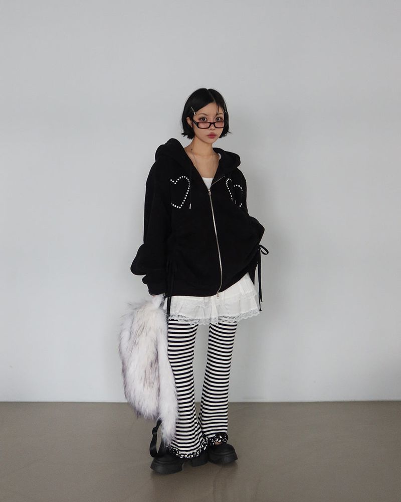 Wool napping heart wrinkle shirring hooded zip-up