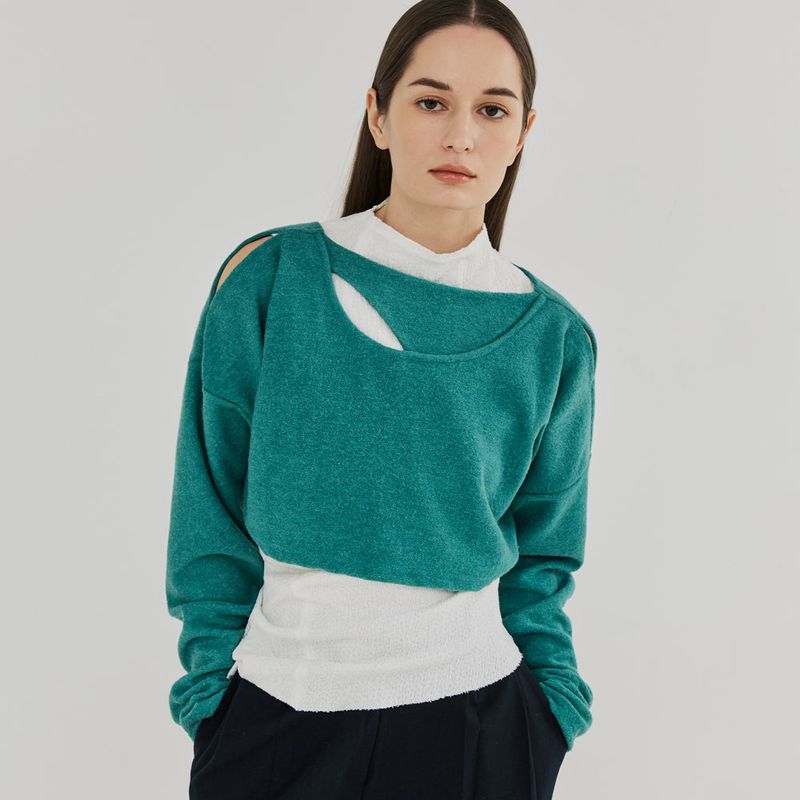 FREIHEIT(フライハイト)の「CUT OUT 2-WAY WOOL CROP TOP (BLUEGREEN)(Tops)」