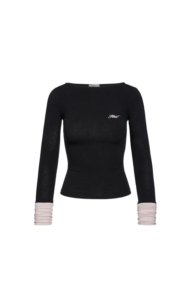 Innermuseum（インナーミュージアム）の「Boat Neck Two-Tone Long Sleeve Top (BLACKPINK)（Tops）」