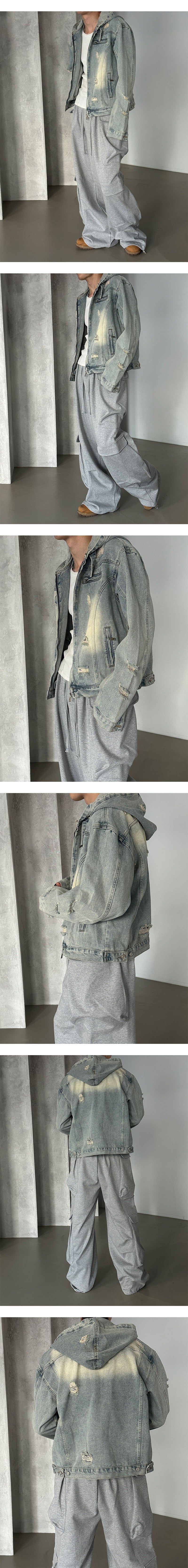 [Unisex] デストロイドデニムフードジャケット(2color)