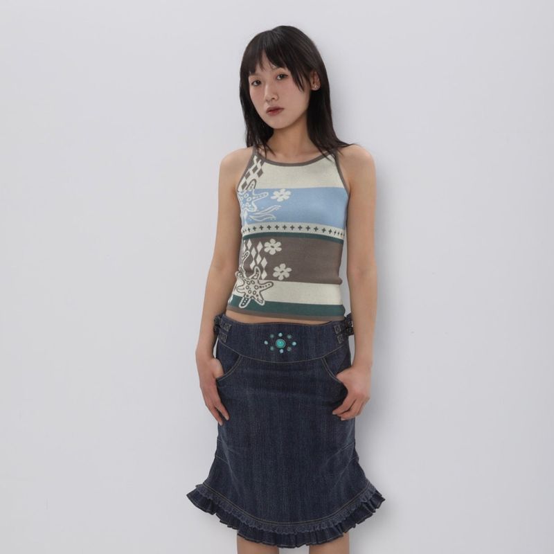 CONFUN 25SS original pattern jacquard knitted suspenders