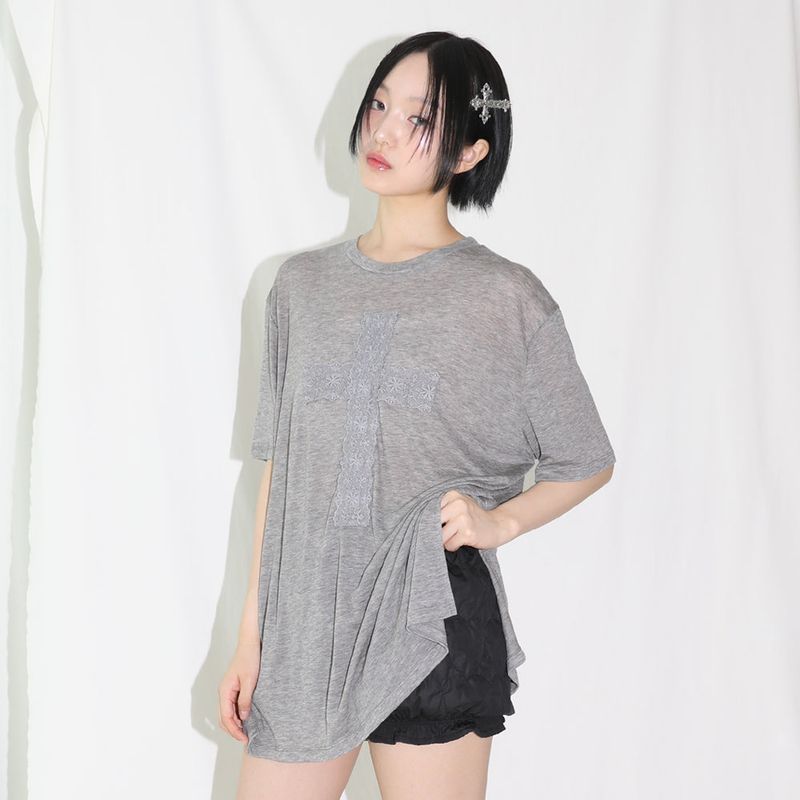 CLUT STUDIO（クラットスタジオ）の「レースクロスハーフＴ　グレー（トップス）」