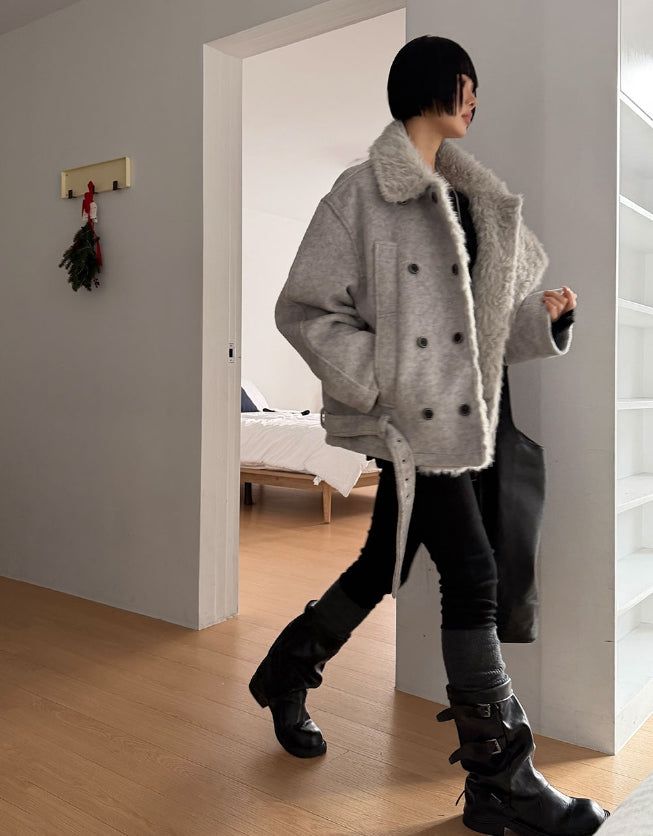 (3oz Quilting) FUR-COLLAR DOUBLE SHORT COAT