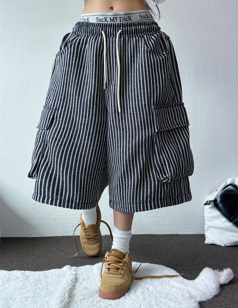 STRIPE CARGO BALLOON BERMUDA 💙🖤🤍2COLOR