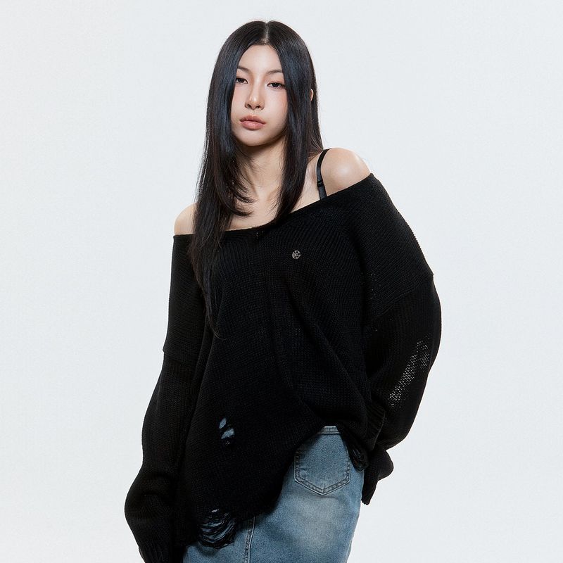 (DUC) Damaged Loose-Fit Knit Black