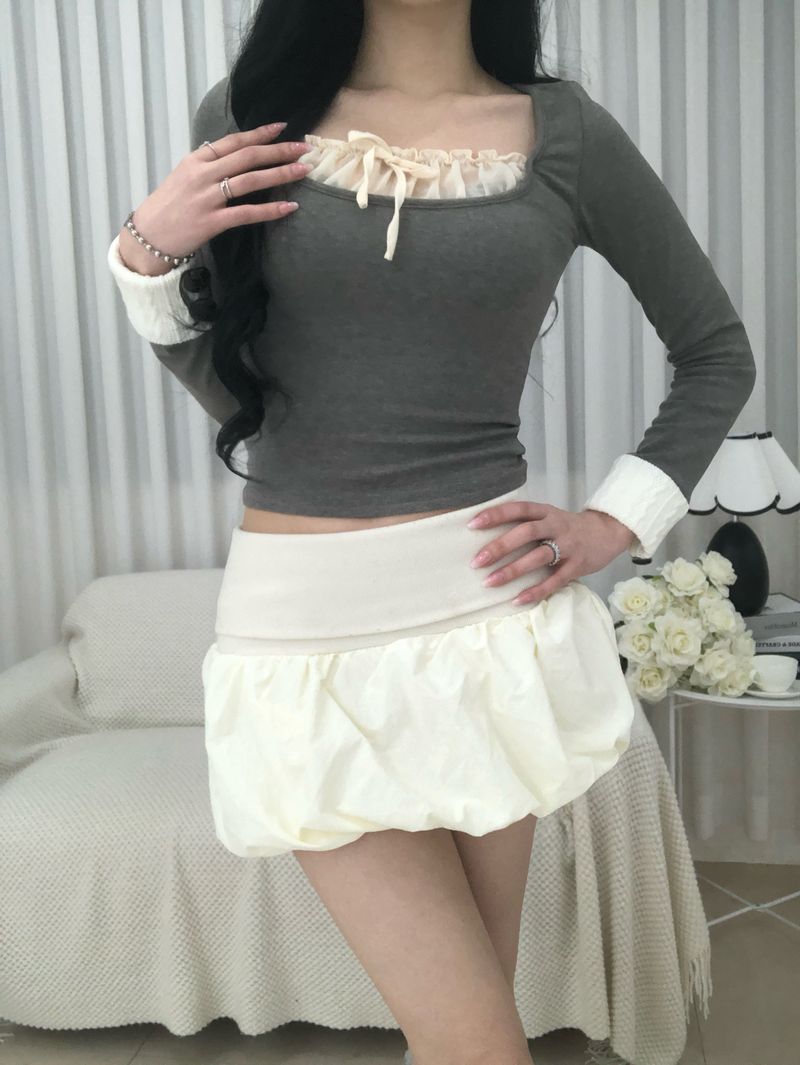 Gray Frill Mix Knit Top