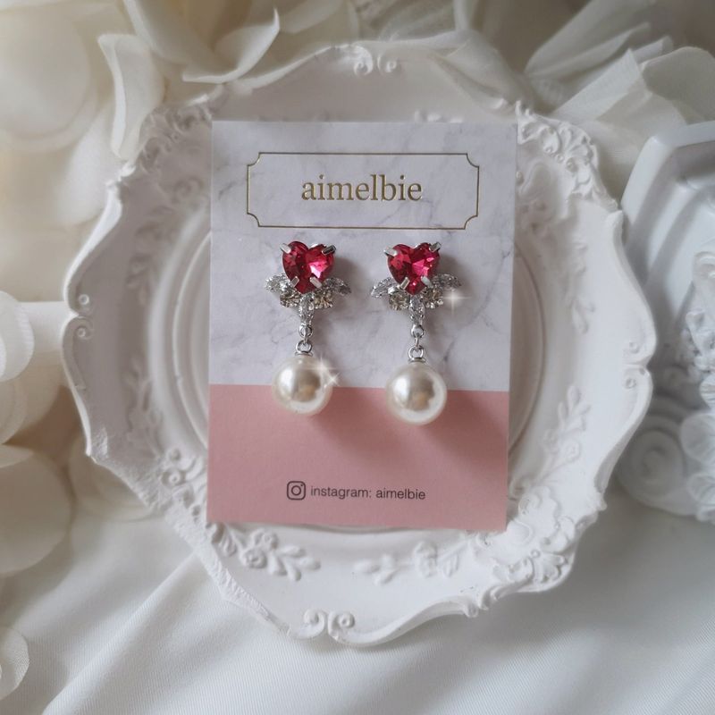 [IU Piercing] Heart Crystal and Pearl Piercing - Rosepink