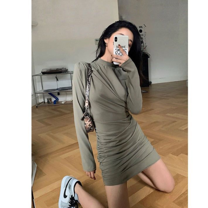 [SALE] Half-turtleneck shirring unbalanced dress