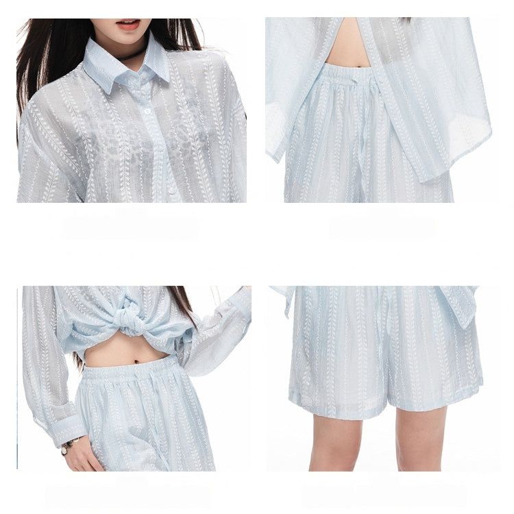 Lace see-through shirt and shorts two-piece set