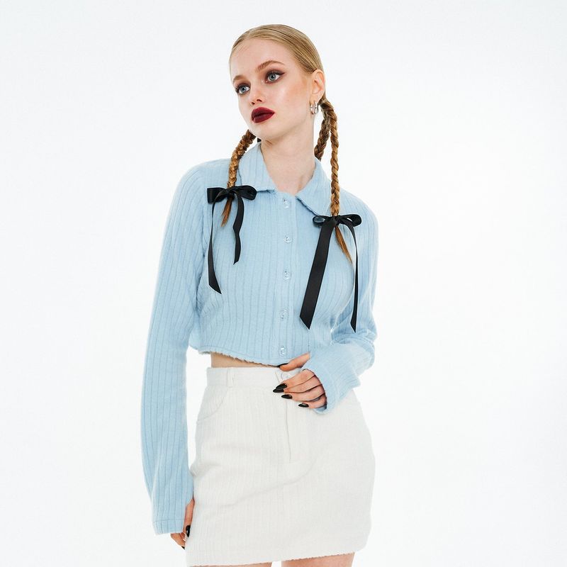 Back Open Ribbon Strap Shirt [Blue Angora]