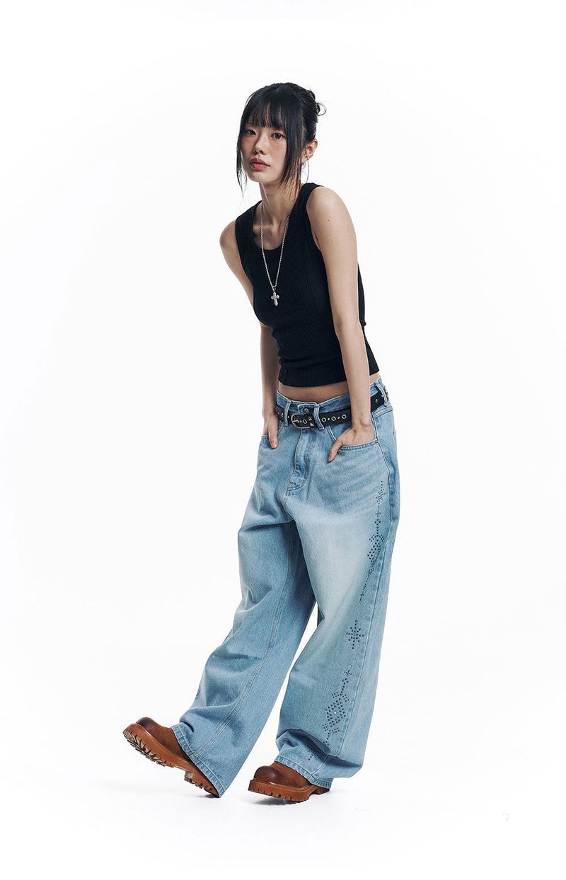 Curved Western Stud Denim Pants - Light Blue