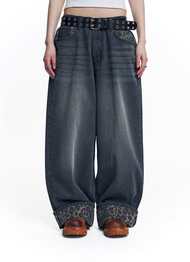Leopard Cross Patch Roll-Up Denim Pants - Black