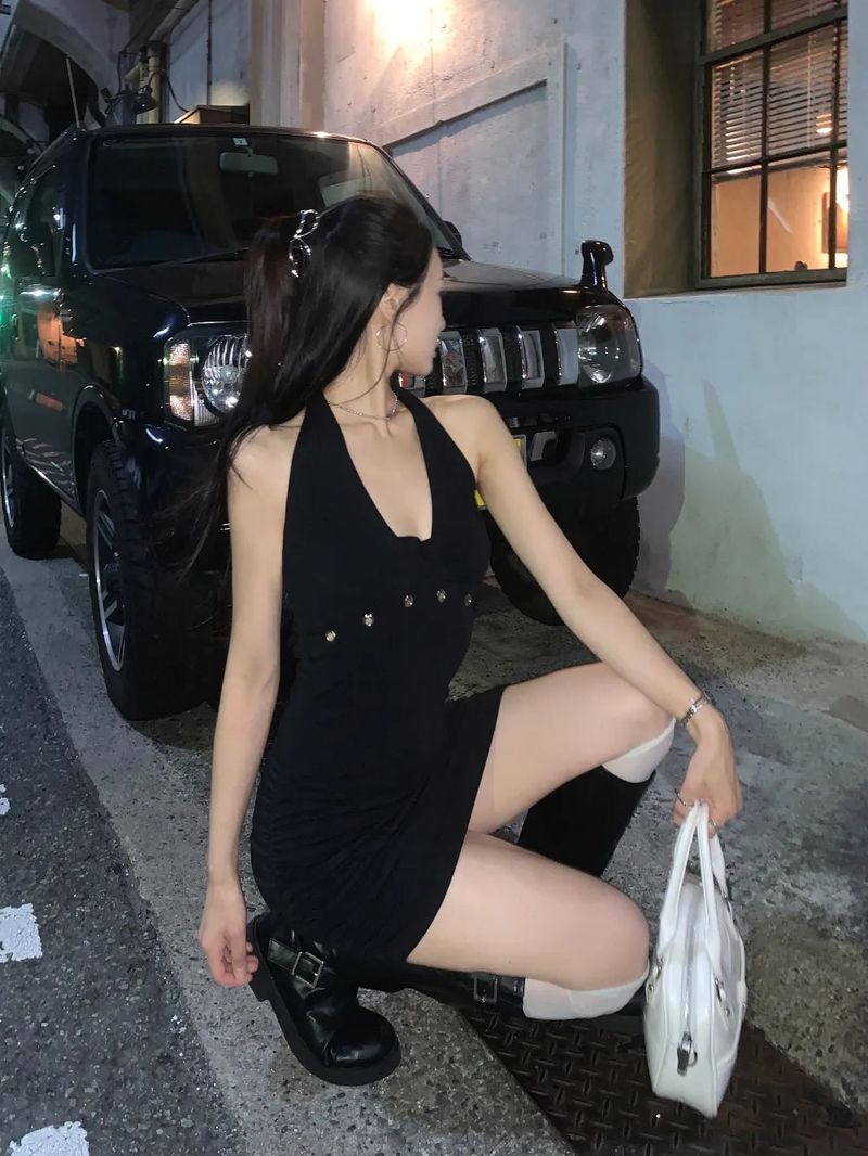 After Eyelet Halter Shirring Mini Dress 