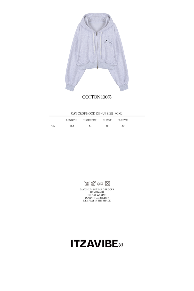 CAT CROP HOOD ZIP UP - LIGHT GRAY