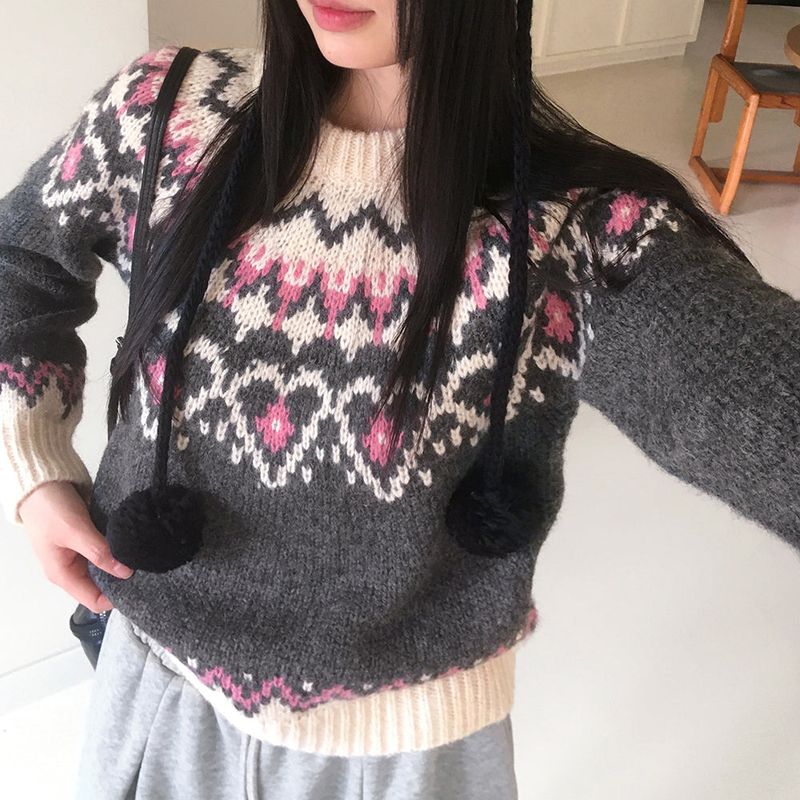 [Wool 10] Candle Heart Nordic Pattern Round Knit