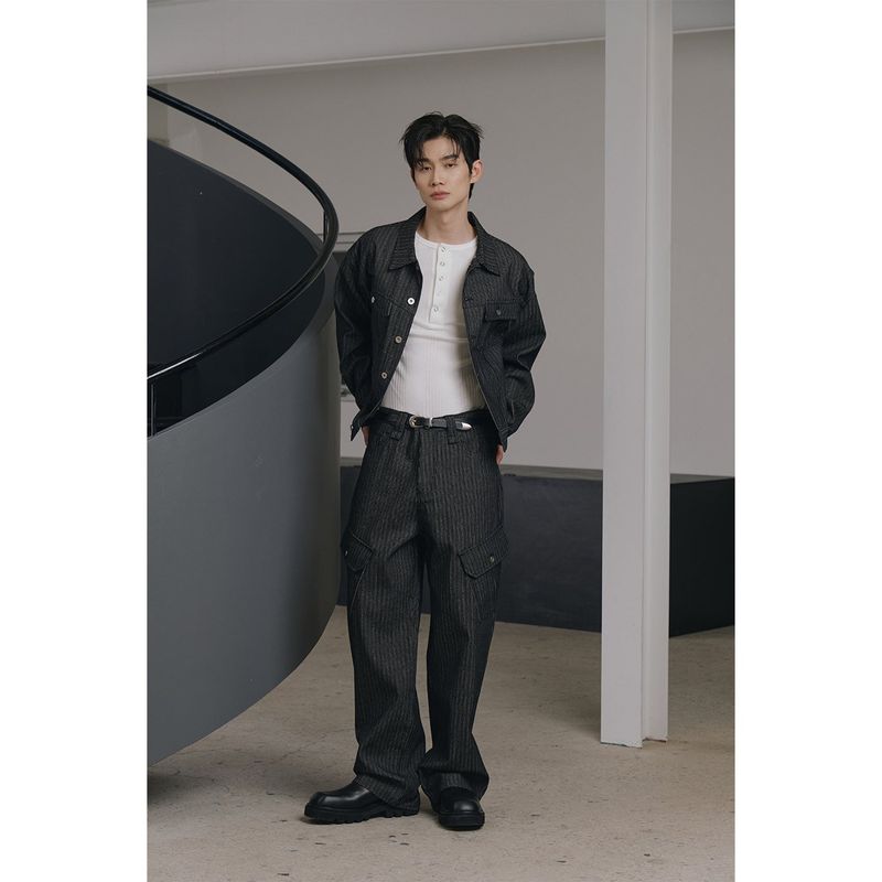 Stripe corduroy cargo pants(Black)