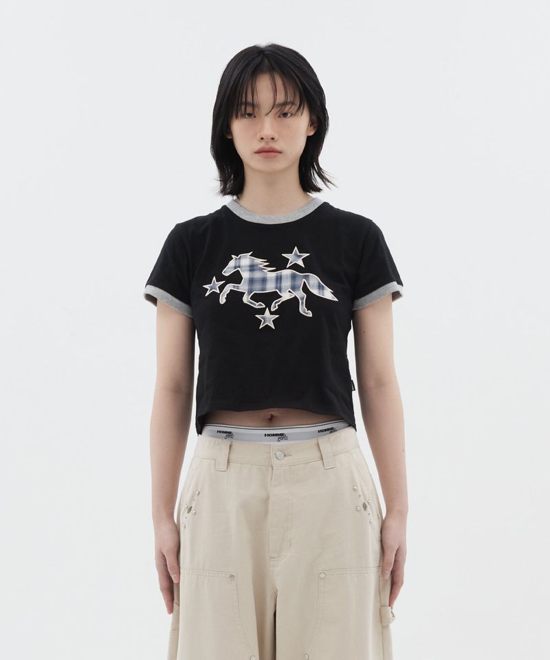 3 Star Horse Patch Crop T-Shirt_Black