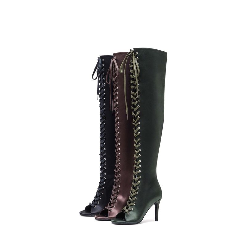 Satin Lace-Up Open Toe Boots Heel(Brown)