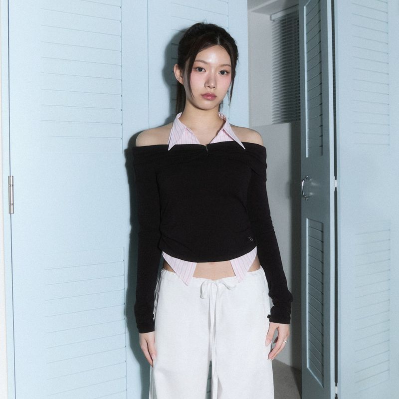 (3rd reorder) shirts layered off shoulder top - brown