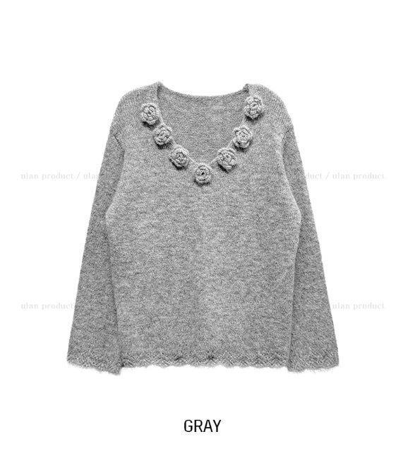 Rosy Flower Hairy V-neck Knit