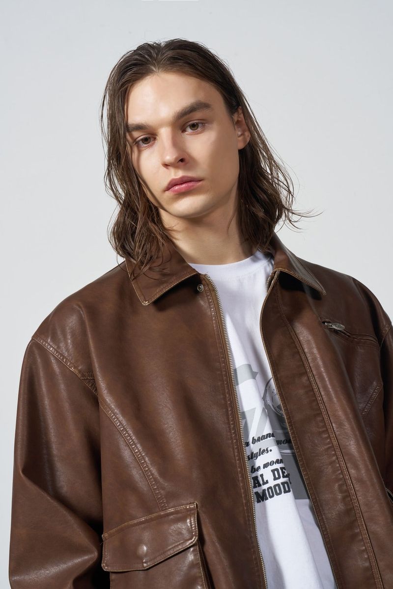 Vegan Leather Pocket blouson - BROWN