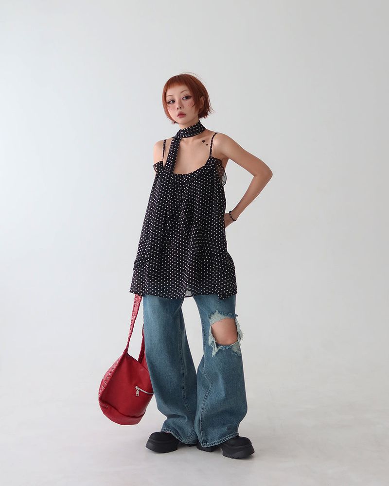 Tie set leopard print dot bustier long blouse