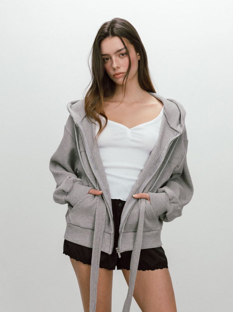 RIBBON WAFFLE HOODIE / GREY
