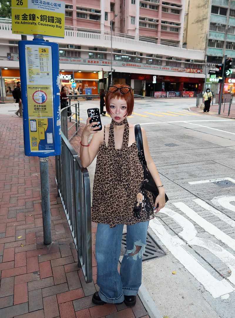Tie set leopard print dot bustier long blouse
