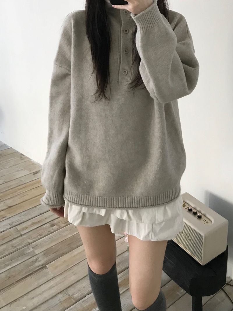 High-neck button knit (3 colors)