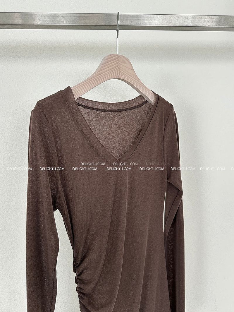 See-through Shirring V-neck Long T-shirt